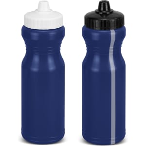 A drink bottle in navy blue with a white and a black cap, featuring a logo on each bottle.