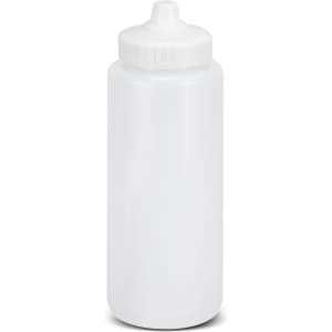 A drink bottle in a translucent white colour with a screw top lid and a narrow spout. It features a branding logo.