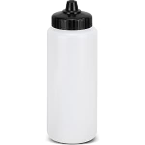 A drink bottle with a black lid and nozzle, featuring a clear white body. It has a logo on the side.