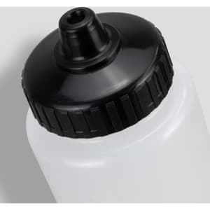 A drink bottle with a clear body and a black cap, featuring a textured grip around the top.