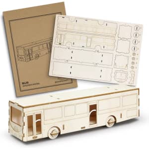 A wooden model of a bus in light wood colour, accompanied by a template and assembly instructions.