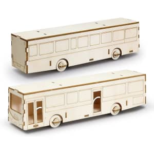 A wooden model of a bus in a natural finish, featuring cut-out windows and wheels, showcasing a sleek design.