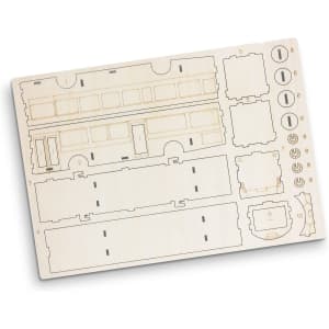A wooden model sheet featuring parts for assembling a bus. The design includes engraved details and numbered sections.