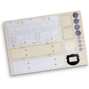 A wooden model kit featuring parts for assembling a bus, with a light wood finish and pre-cut sections.