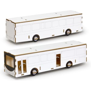 A wooden model of a bus in white with brown accents, featuring detailed cutouts and wheels.