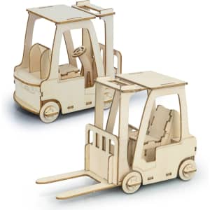 A wooden model of a forklift with two sections, featuring wheels and a steering wheel, in a natural wood finish.