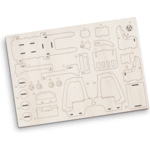 A wooden model kit designed for building a forklift, featuring various cut-out pieces in light wood.