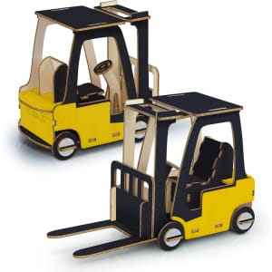 A wooden model of a forklift in yellow and natural wood, featuring detailed design elements.