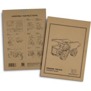 A flat paper package featuring assembly instructions for a wooden mining truck model, with a logo present.