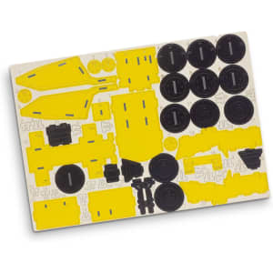 A wooden model kit featuring yellow and black pieces for constructing a mining truck. Includes various shaped components.