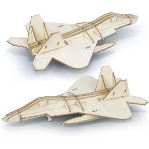 A wooden model of a jet fighter, featuring a beige finish and detailed cut-outs. It has a logo on the surface.