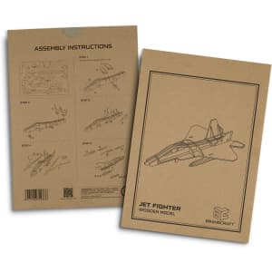 A cardboard packaging featuring assembly instructions and illustration of a wooden jet fighter model, with a logo.