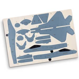 A wooden model kit of a jet fighter featuring various grey pieces on a natural wood background, with a logo present.