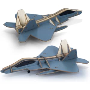 A detailed wooden model of a jet fighter in shades of blue and natural wood, featuring a simple design.