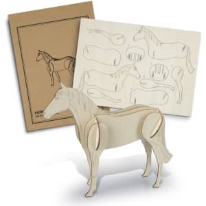 A wooden horse model with attached parts and assembly instructions, featuring a natural wood finish.