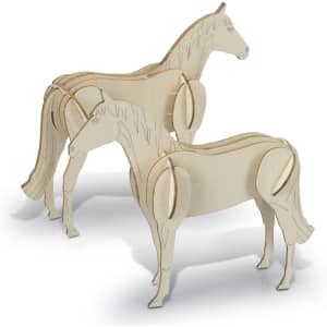 Two wooden model horses in a natural finish, featuring intricate detailing and a layered design.