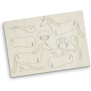 A wooden model kit featuring laser-cut pieces of a horse, ready for assembly. The design includes various sections in light wood.