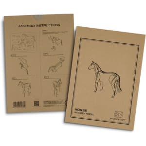 A cardboard packaging for the BRANDCRAFT Horse Wooden Model, featuring assembly instructions and drawings of a horse.