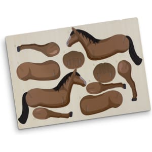 A wooden model kit of a horse with various parts in brown tones, featuring a branded logo.