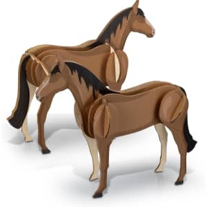 A wooden model of two horses in brown tones with black manes, featuring natural wood accents and a logo.