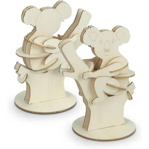 Two wooden koala models climbing on trees, in natural wood tones, displayed from different angles.