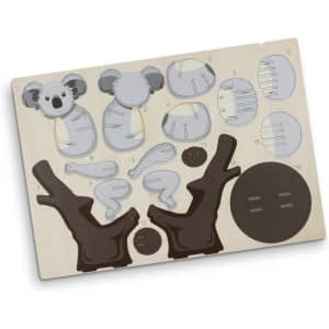 A wooden model kit featuring grey and brown pieces to assemble a koala, including body parts and accessories.