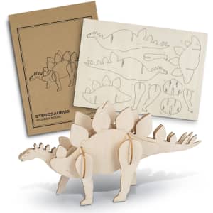 A wooden Stegosaurus model in natural wood colour with assembly parts and instructions.