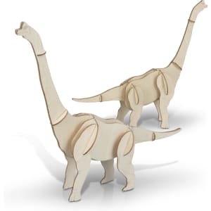 Two wooden Brachiosaurus models in a natural, light wood finish, featuring articulated joints for playful movement.
