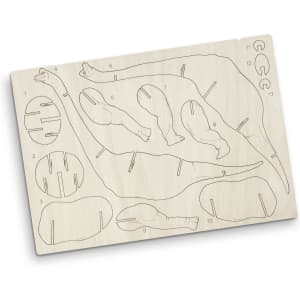 A Brachiosaurus wooden model puzzle in natural wood colour, with various pieces laid out on a flat board.