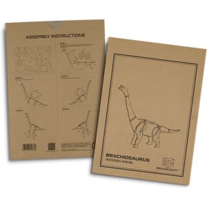 A cardboard package featuring assembly instructions for a Brachiosaurus wooden model, with illustrations and a logo.