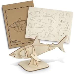 A wooden shark model with a light beige finish, accompanied by a cardboard template and assembly instructions.