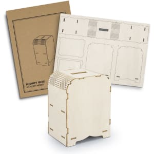 A wooden money box model in light colour, accompanied by a flat pack and packaging. It features a logo.
