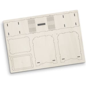 A wooden model money box kit featuring various cut-out pieces in a light wood colour. Includes a logo.