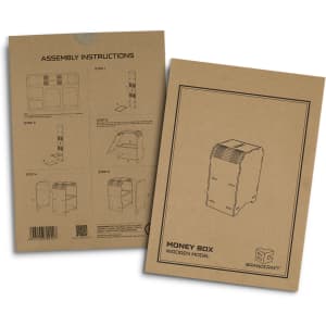 A cardboard packaging featuring assembly instructions for a wooden money box model, with a simple line design and branding.