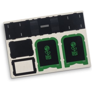 A wooden money box model with green and black components, featuring cut-out designs and a logo.