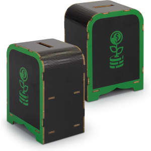 A wooden money box model in black with green accents and a logo featuring a plant growing from a coin.