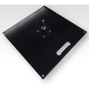 A black metal base for a feather flag kit, featuring a central pole socket and a handle for easy transport.