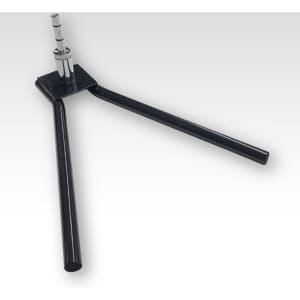 A black metal base with two extended arms for supporting a feather flag. Features a central pole holder.