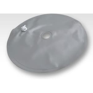 A grey base weight for flags with a valve and central hole, designed for stability in outdoor events.
