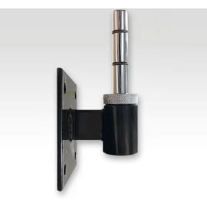A small, black metal wall mount with a silver cylindrical holder, designed for flags or banners.