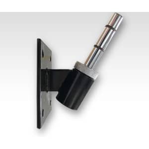 A small metal flag pole holder in black and silver with a mounting plate. It includes a cylindrical holder for the pole.