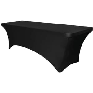 A black stretch table cover for a four-foot table, designed for exhibitions and events. Features a fitted design.