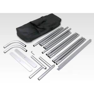 A set of silver metal poles with connectors and a black carrying bag, suitable for assembling a display.