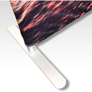 A small stretch media wall with a vibrant, multi-coloured design and a sleek white base stand.