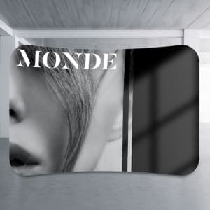 A curved stretch media wall featuring a black and white design with a close-up image and a logo.