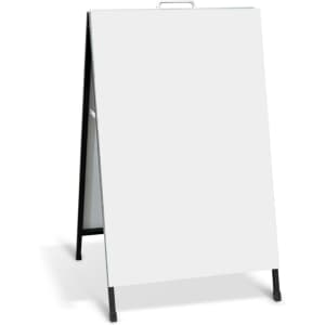 A white metal A-frame sign with a black base, designed for exhibitions and events. It features a handle for easy mobility.