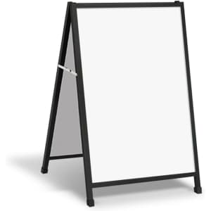 A black A-frame sign with a large white insertable panel for displaying promotional content.