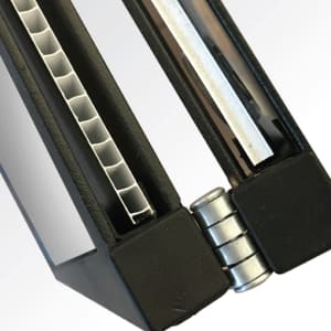 A black insertable A-frame with a hinge, showcasing a clear insert slot and a textured backing.