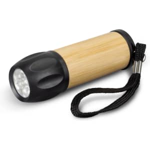 A bamboo torch with a black plastic end and a wrist strap, featuring multiple LED lights.
