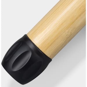 A bamboo torch with a black plastic base, showcasing a natural wooden texture. It features a branding logo.